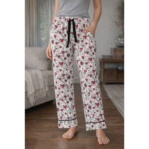 Cath Kidston Cotton Pajama Pants Cream Red Heart Toile Print Lounge Sleepwear S